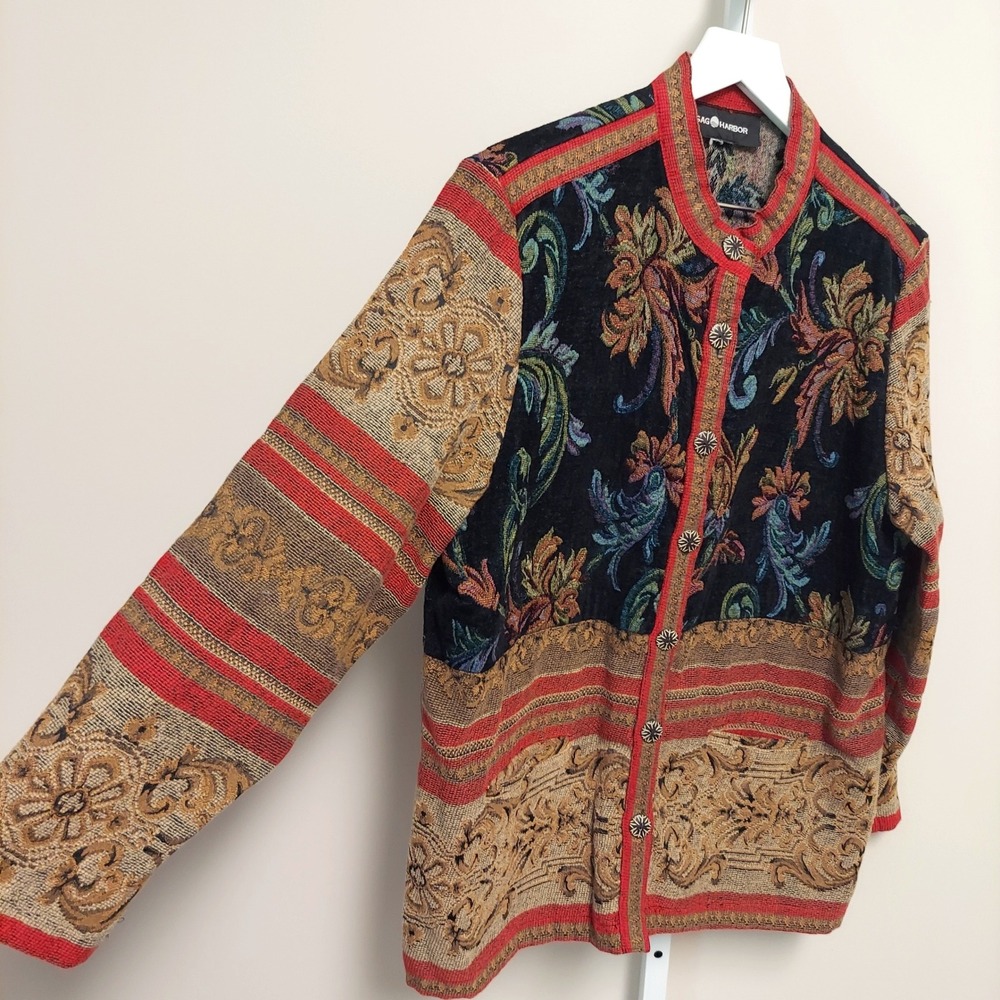 Sag Harbor Vintage Tapestry Jacket Floral Scrollwork Button Front Boho Artsy